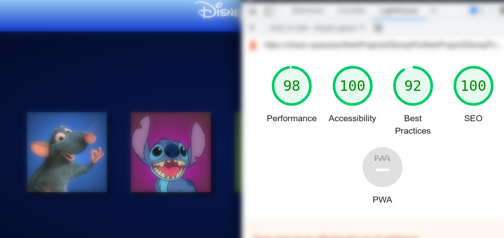 (98 performance, 91 accessibility, 92 best practice, 100 SEO) Disney Portfolio Project