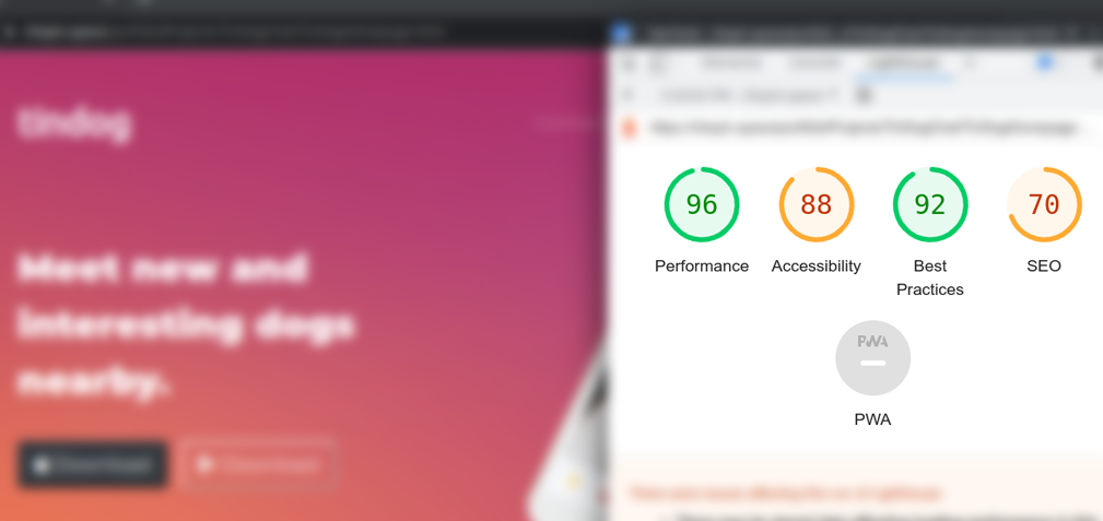 (96 performance, 88 accessibility, 92 best practice, 70 SEO) Not bad, but not my best Lighthouse score on the TinDog project....BUT that can be fixed!!