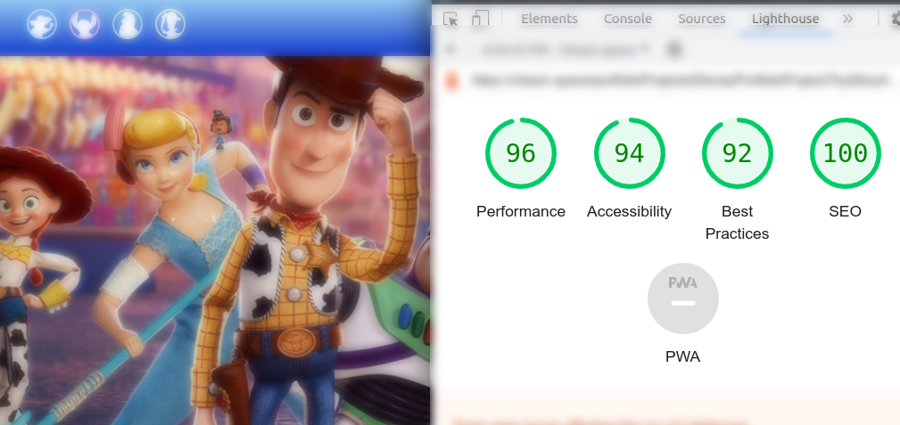 (96 performance, 94 accessibility, 92 best practice, 100 SEO) Toy Story 4-Way-Say Project